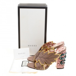 Pre Owned Gucci Beige Leather Leaves Crossover Embellished Heel Peep Toe Mules Size 40