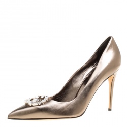 مملوكة مسبقًا Gucci Metallic Bronze Leather Crystal GG Pointed Toe Pumps Size 40.5