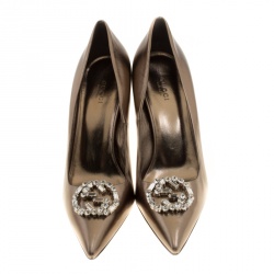 مملوكة مسبقًا Gucci Metallic Bronze Leather Crystal GG Pointed Toe Pumps Size 40.5