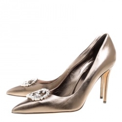 مملوكة مسبقًا Gucci Metallic Bronze Leather Crystal GG Pointed Toe Pumps Size 40.5