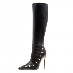 Pre Owned Gucci Black Leather Aneta GG Buttons Knee High Pointed Toe Boots Size 35.5