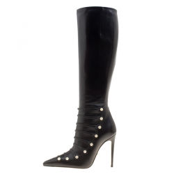 Pre Owned Gucci Black Leather Aneta GG Buttons Knee High Pointed Toe Boots Size 35.5