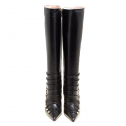 Pre Owned Gucci Black Leather Aneta GG Buttons Knee High Pointed Toe Boots Size 35.5