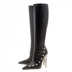 Pre Owned Gucci Black Leather Aneta GG Buttons Knee High Pointed Toe Boots Size 35.5