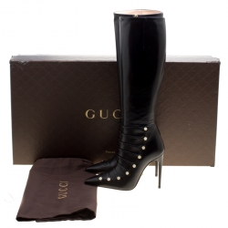 Pre Owned Gucci Black Leather Aneta GG Buttons Knee High Pointed Toe Boots Size 35.5