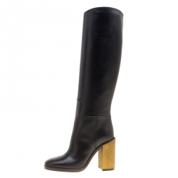 Pre Owned Gucci Black Leather Knee High Block Heel Boots Size 36.5
