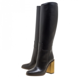 Pre Owned Gucci Black Leather Knee High Block Heel Boots Size 36.5