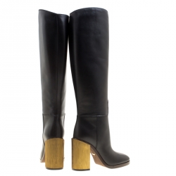 Pre Owned Gucci Black Leather Knee High Block Heel Boots Size 36.5