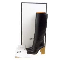 Pre Owned Gucci Black Leather Knee High Block Heel Boots Size 36.5