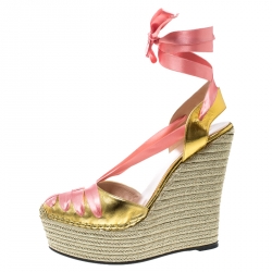 Pre Owned Gucci Metallic Gold/Pink Leather and Satin Alexis Wrap Platform Wedge Sandals Size 39