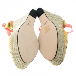 Pre Owned Gucci Metallic Gold/Pink Leather and Satin Alexis Wrap Platform Wedge Sandals Size 39