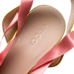 Pre Owned Gucci Metallic Gold/Pink Leather and Satin Alexis Wrap Platform Wedge Sandals Size 39