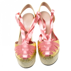 Pre Owned Gucci Metallic Gold/Pink Leather and Satin Alexis Wrap Platform Wedge Sandals Size 39