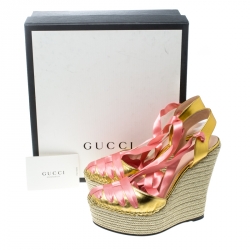Pre Owned Gucci Metallic Gold/Pink Leather and Satin Alexis Wrap Platform Wedge Sandals Size 39