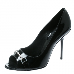 مملوكة مسبقًا Gucci Black Patent Leather Horsebit Peep Toe Pumps Size 39