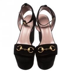 مملوكة مسبقًا Gucci Black Suede Horsebit Platform Ankle Strap Wedges Size 38
