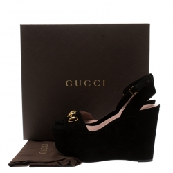 مملوكة مسبقًا Gucci Black Suede Horsebit Platform Ankle Strap Wedges Size 38