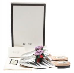 مملوكة مسبقً�ا Gucci Metallic Silver Quilted Leather Web Bow Rose Detail Princetown Mules Size 39