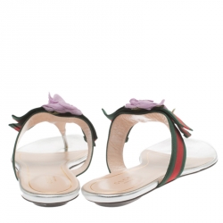 Pre Owned Gucci Metallic Silver Leather Cindi Web Bow Rose Detail Flat Thong Sandals Size 37.5