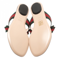 Pre Owned Gucci Metallic Silver Leather Cindi Web Bow Rose Detail Flat Thong Sandals Size 37.5