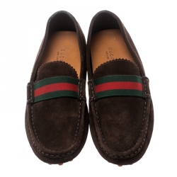 Pre Owned Gucci Brown Suede Web Trim Loafers Size 38.5