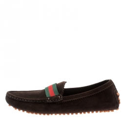 Pre Owned Gucci Brown Suede Web Trim Loafers Size 38.5