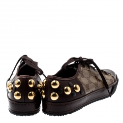 Pre Owned حذاء رياضي غوتشي براغا مرصع بابوسكا كانفاس مقوى كريستال وجلد بيج/ بني مقاس 36.5