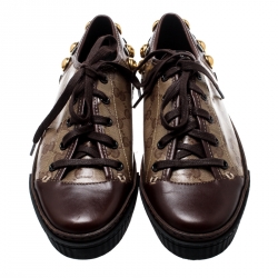 Pre Owned حذاء رياضي غوتشي براغا مرصع بابوسكا كانفاس مقوى كريستال وجلد بيج/ بني مقاس 36.5