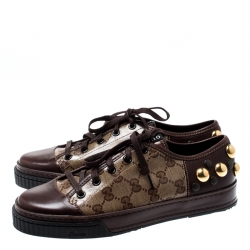 Pre Owned حذاء رياضي غوتشي براغا مرصع بابوسكا كانفاس مقوى كريستال وجلد بيج/ بني مقاس 36.5