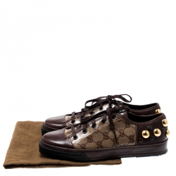 Pre Owned حذاء رياضي غوتشي براغا مرصع بابوسكا كانفاس مقوى كريستال وجلد بيج/ بني مقاس 36.5