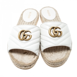 مملوكة مسبقًا Gucci White Chevron Quilt Leather Double G Flat Espadrilles Slides Size 38.5
