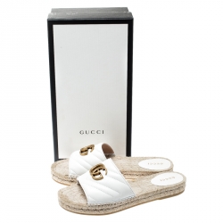 مملوكة مسبقًا Gucci White Chevron Quilt Leather Double G Flat Espadrilles Slides Size 38.5