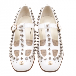 Pre Owned حذاء كعب عالي غوتشي لوفر مزخرف مرصع/ مخطط كانفاس أبيض مقاس 39