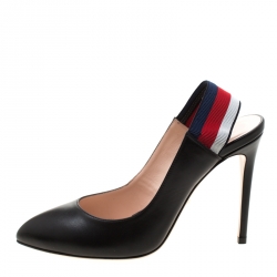 Pre Owned Gucci Black Leather Sylvie Web Detail Slingback Sandals Size 39