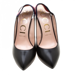 Pre Owned Gucci Black Leather Sylvie Web Detail Slingback Sandals Size 39