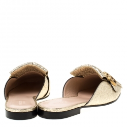 Pre Owned حذاء فلات غوتشي جلد غولد فويل ميتاليك GG مارمونت بشراشيب مزينة مقاس 37.5