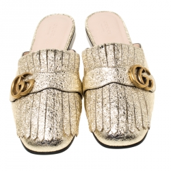 Pre Owned حذاء فلات غوتشي جلد غولد فويل ميتاليك GG مارمونت بشراشيب مزينة مقاس 37.5
