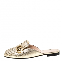 Pre Owned حذاء فلات غوتشي جلد غولد فويل ميتاليك GG مارمونت بشراشيب مزينة مقاس 37.5