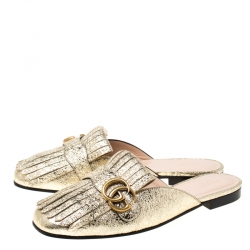 Pre Owned حذاء فلات غوتشي جلد غولد فويل ميتاليك GG مارمونت بشراشيب مزينة مقاس 37.5