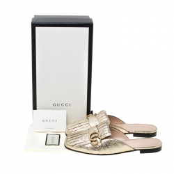 Pre Owned حذاء فلات غوتشي جلد غولد فويل ميتاليك GG مارمونت بشراشيب مزينة مقاس 37.5