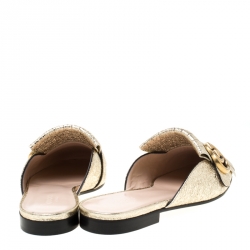 Pre Owned Gucci Metallic Gold Crackled Leather Marmont Fringed Flat Mules Size 36