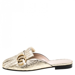 Pre Owned Gucci Metallic Gold Crackled Leather Marmont Fringed Flat Mules Size 36