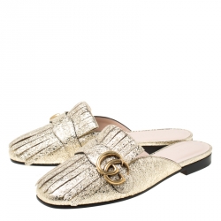 Pre Owned Gucci Metallic Gold Crackled Leather Marmont Fringed Flat Mules Size 36