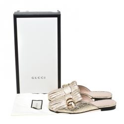 Pre Owned Gucci Metallic Gold Crackled Leather Marmont Fringed Flat Mules Size 36