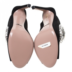 Pre Owned صندل غوتشي أيكون بيت ماكسيم كريستال سويدي أسود مقدمة مفتوحة مقاس 37.5