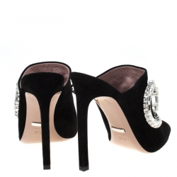 Pre Owned صندل غوتشي أيكون بيت ماكسيم كريستال سويدي أسود مقدمة مفتوحة مقاس 37.5