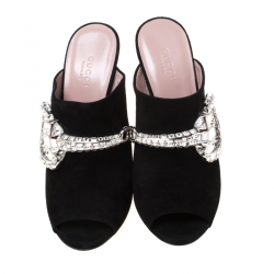 Pre Owned صندل غوتشي أيكون بيت ماكسيم كريستال سويدي أسود مقدمة مفتوحة مقاس 37.5