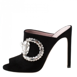 Pre Owned صندل غوتشي أيكون بيت ماكسيم كريستال سويدي أسود مقدمة مفتوحة مقاس 37.5