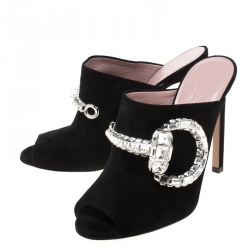 Pre Owned صندل غوتشي أيكون بيت ماكسيم كريستال سويدي أسود مقدمة مفتوحة مقاس 37.5