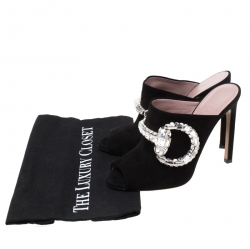 Pre Owned صندل غوتشي أيكون بيت ماكسيم كريستال سويدي أسود مقدمة مفتوحة مقاس 37.5